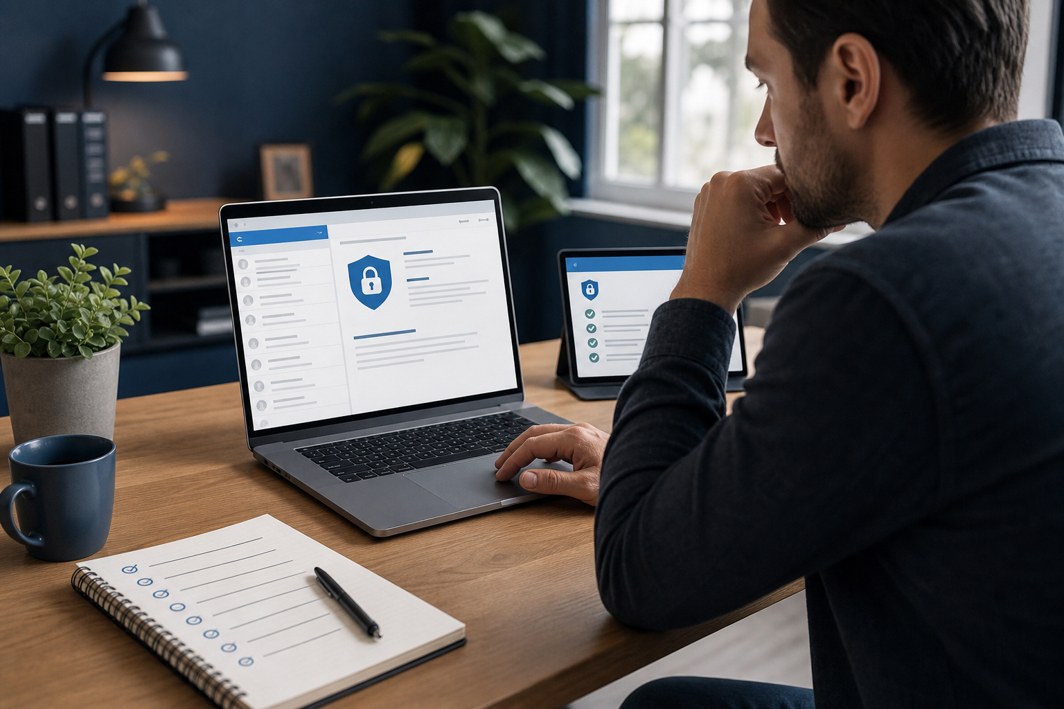 Persoon controleert mailboxbeveiliging op een laptop met een tweede apparaat naast zich