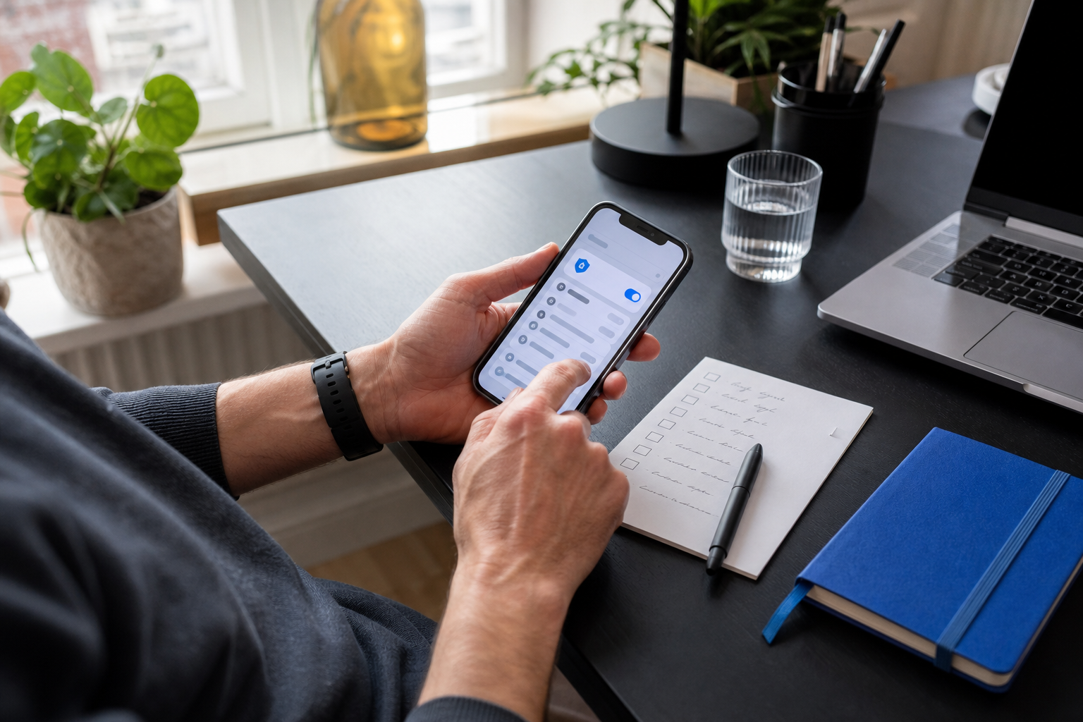 Persoon controleert privacy-instellingen op een smartphone aan een zwart bureau