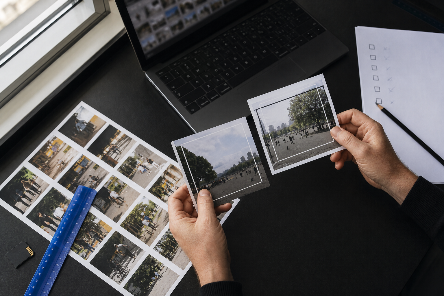 Redacteur vergelijkt uitsneden van foto’s bij een laptop en een controlelijst